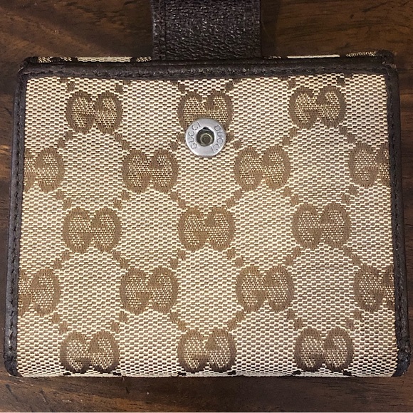 GUCCI GG Web Brown Leather and Tan Canvas Monogram Trifold Wallet Authentic - Picture 9 of 17